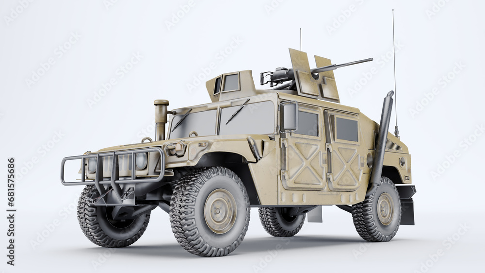 3D render of all terrain military vehicle, Military vehicle isolated on a white background