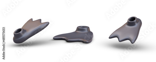 Collection of different rubber black driver fins in different positions. Shoes for swimming in ocean underwater. Vector illustration in 3D style with white background