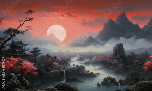 Traditional Asian landscape with sunset