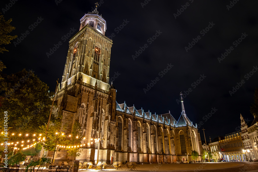 Fototapeta premium View on the Lubinius church in the medieval city Deventer in the Netherlands by night