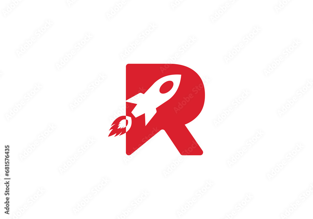 R letter with flying rocket ship silhouette icon. the combination of ...