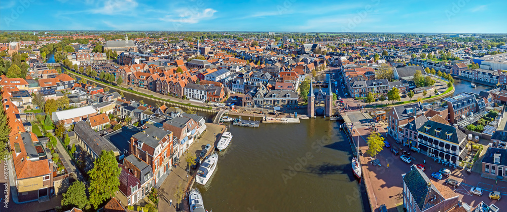 Aerial panorama from the historical city Sneek with the Watergate in Friesland the Netherlands