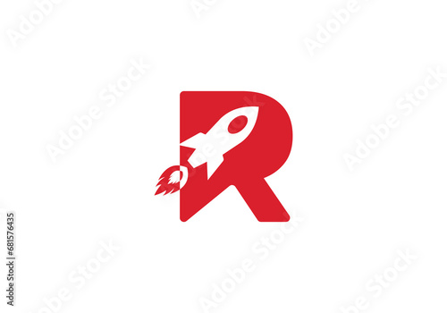 R letter with flying rocket ship silhouette icon. the combination of the letter R and the upward movement of the rocket	