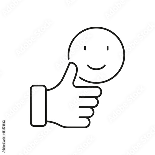 Thumb Up With Emoticon Line Icon. Best Customer Feedback Linear Pictogram. Happy Face, Like Outline Symbol. Positive Emoji Button. Editable Stroke. Isolated Vector Illustration