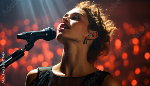 Young woman singer on stage, illuminated by spotlight, performing rock music generated by AI