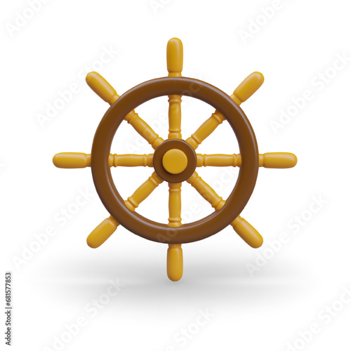 Steering wheel to control ship. Sea and ocean symbol in yellow and brown colors. Nautical rudder on white background with shadow. Vector illustration in 3d style