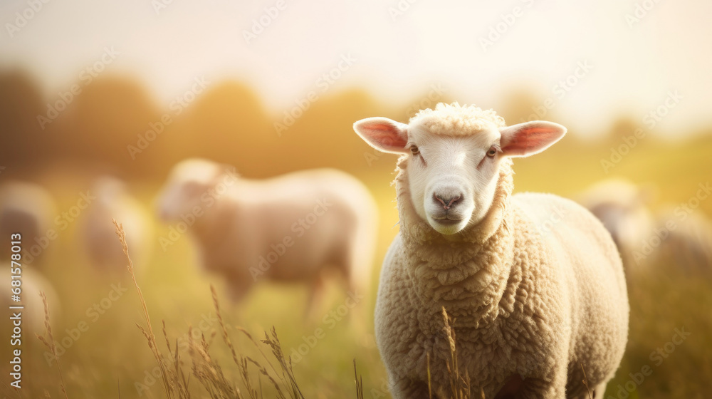 Fluffy sheep grazing in the meadow Fluffy sheep grazing in the meadow