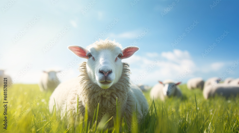 Fluffy sheep grazing in the meadow Fluffy sheep grazing in the meadow