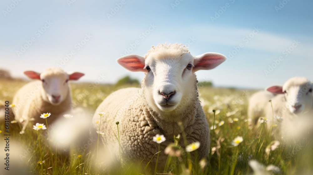 Fluffy sheep grazing in the meadow Fluffy sheep grazing in the meadow