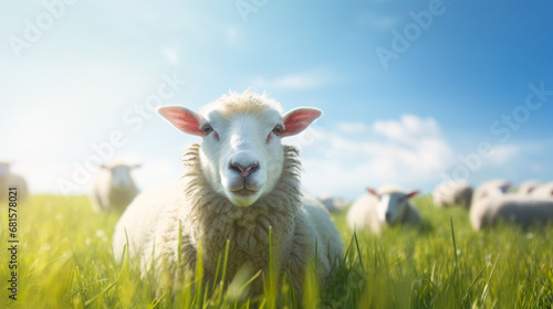 Fluffy sheep grazing in the meadow