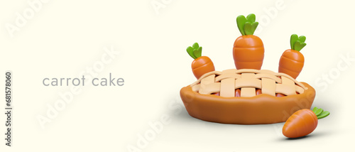 Advertisement of carrot pie. Realistic cake with crispy crust, orange carrots. Horizontal vector layout. Concept for cooking classes, menu updates in cafes, bakeries