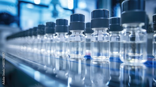 Medical bottles close-up. Production of medicines in ampoules