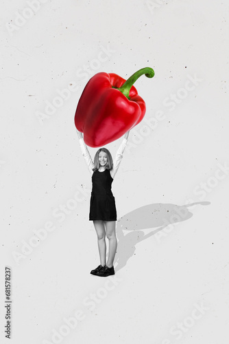 Composite collage image of young schoolgirl schoolkid hold big paprika pepper dieting salad cooking fantasy billboard comics zine