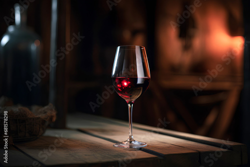Glass of red wine on the table in winery cellar.