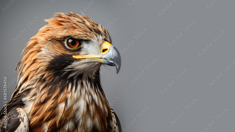 Close up of hawk isolated on gray background Close up of hawk isolated on gray background