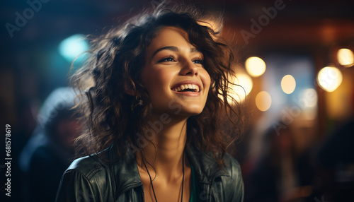 Young woman enjoying the nightlife, smiling with confidence and happiness generated by AI