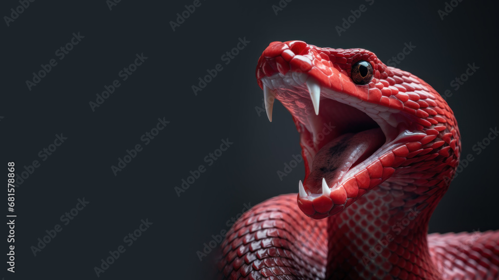 Fototapeta premium Red snake open mouth ready to attack isolated on gray background