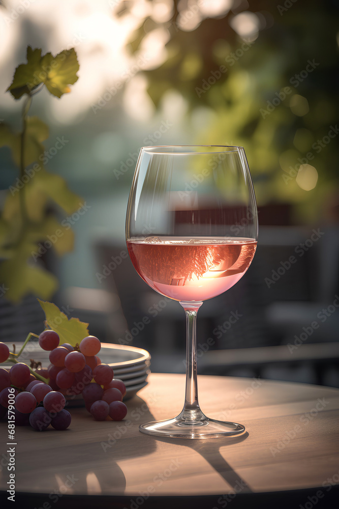 Glass of pink wine and ripe grapes on the table outdoors on blurred vineyard background