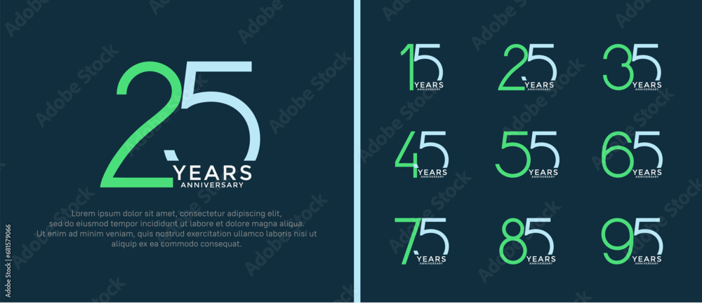 set of anniversary logo green and blue color on dark blue background for celebration moment - obrazy, fototapety, plakaty 