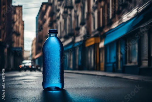blue beverage bottle in the streets, urban isotonic drink packaging mockup