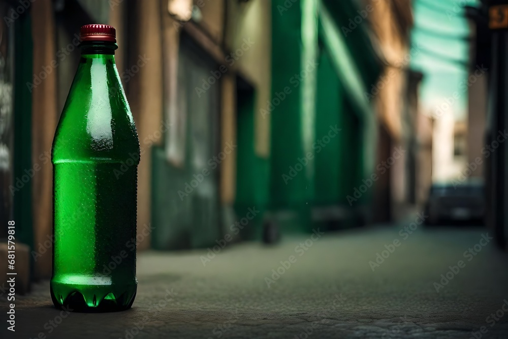 green colored soda bottle in the streets , drink and beverage brand advertising template green colored soda bottle in the streets , drink and beverage brand advertising template