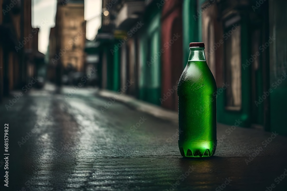 green colored soda bottle in the streets , drink and beverage brand advertising template green colored soda bottle in the streets , drink and beverage brand advertising template