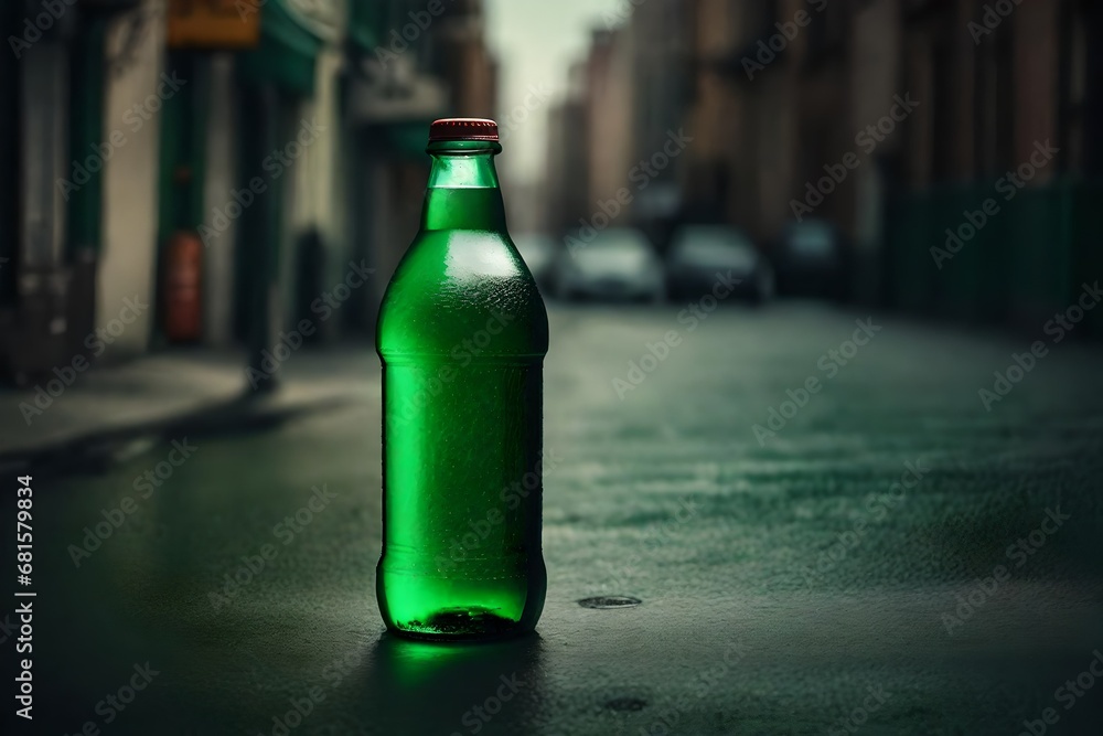 green colored soda bottle in the streets , drink and beverage brand advertising template green colored soda bottle in the streets , drink and beverage brand advertising template