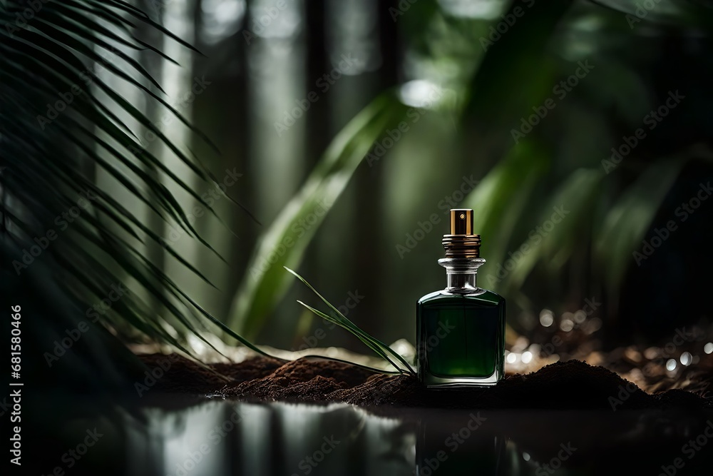 dark green perfume flacon in deep jungle , dense vegetation background dark green perfume flacon in deep jungle , dense vegetation background