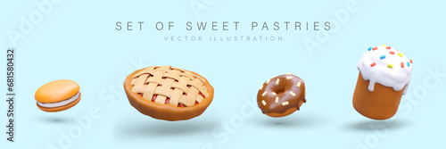 Sandwich cookies with milk filling, round pie with lattice, donut with chocolate glaze, Easter cake with colorful sprinkles. Set of sweet pastries in cartoon style. Isolated vector realistic image
