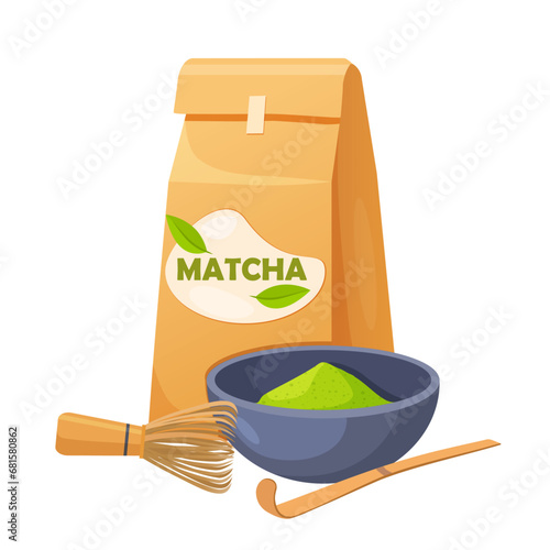 Elements for matcha tea preparation with matcha powder, bamboo spoon, and bamboo whisk