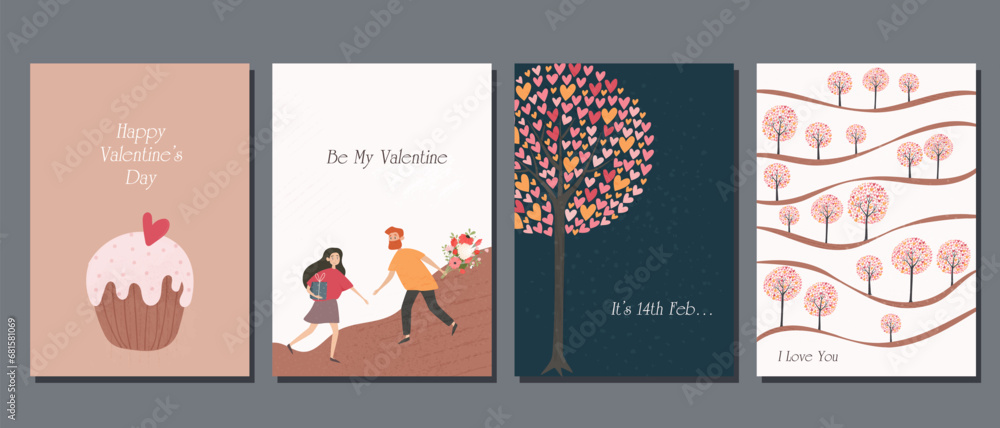  A set of postcards for Valentine's Day. Couple in love on ice skates and various festive elements. Save the date