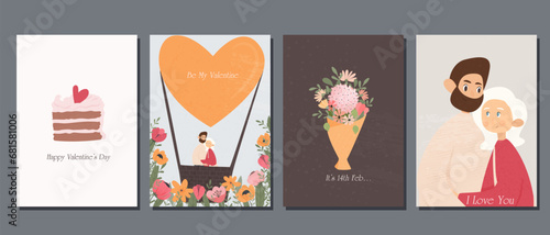  A set of postcards for Valentine's Day. Couple in love on ice skates and various festive elements. Save the date