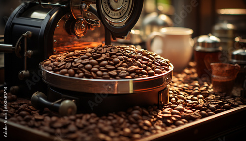 Freshly ground coffee beans create a rich, aromatic cappuccino generated by AI