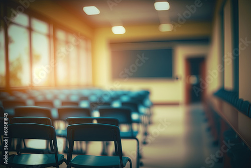 Empty defocused university classroom. Business conference room. Blurred school classroom without students with empty chairs and tables photo