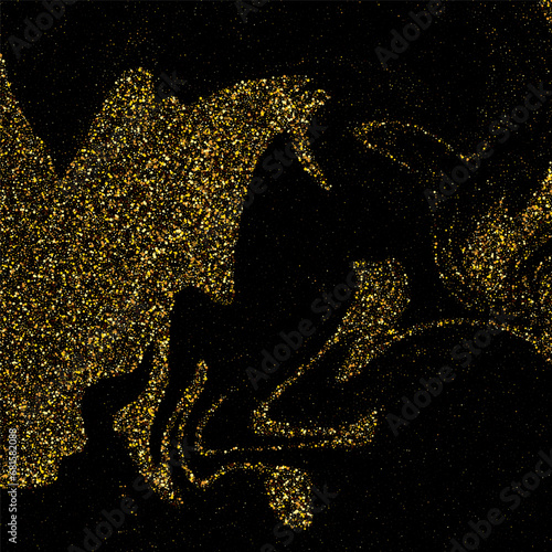 Festive background made of gold dots, gold glitter. Dark background with bright gold dust confetti. Design element