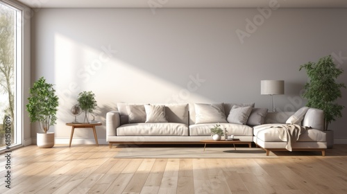 A cozy  bright apartment with huge panoramic windows flooded with sunlight. bedroom in white  beige tones. stylish living room with coffee table and large white sofa