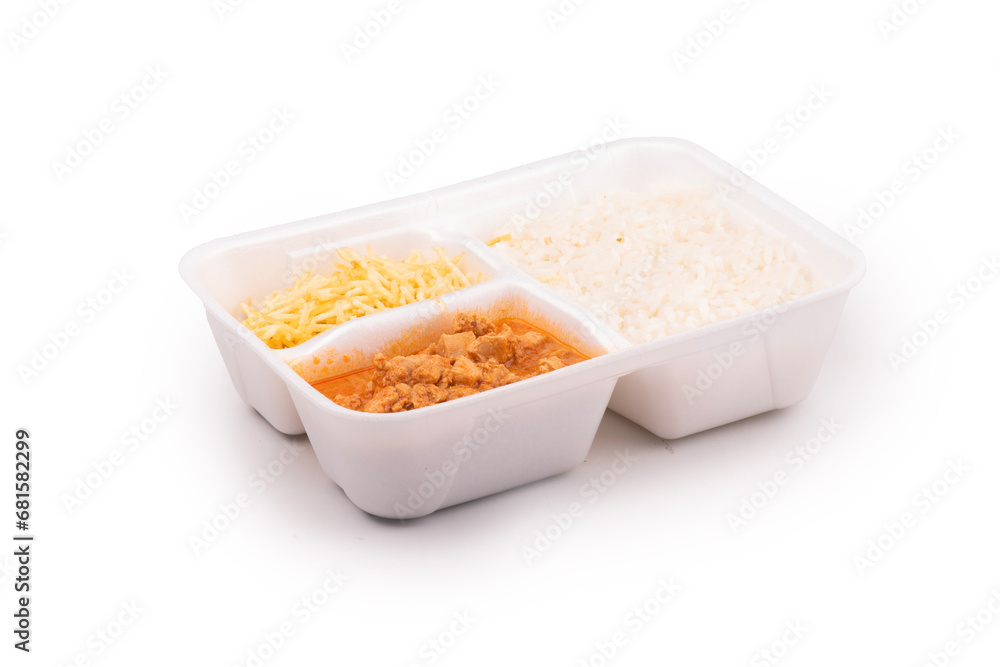 stroganoff styrofoam lunchbox packaging with rice and fries on an angled white background stroganoff styrofoam lunchbox packaging with rice and fries on an angled white background