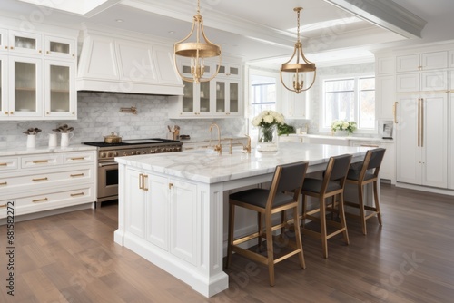 Interior of a modern bright kitchen with an island table and a hob, marble and wood finishes