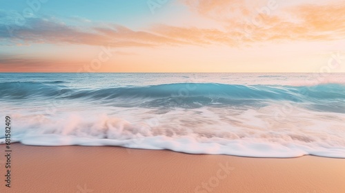Waves on the beach at sunset, light pink and turquoise, serene maritime themes, desktop background, Ai generated