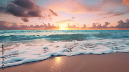 Waves on the beach at sunset, light pink and turquoise, serene maritime themes, desktop background, Ai generated © Punhoon