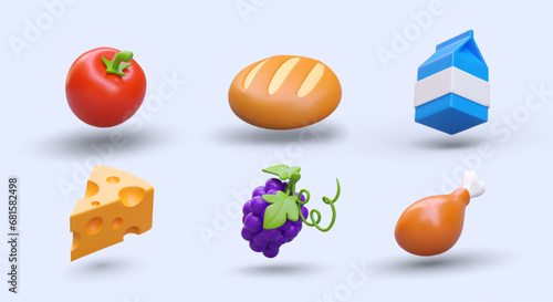 Collection with realistic round orange loaf, red tomato, brunch of grape, chicken, pack of milk and slice of cheese. Concept of healthy food. Vector illustration in 3d style with blue background