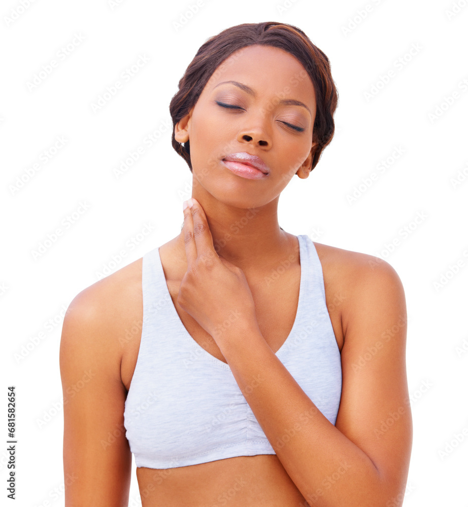 Woman, neck and heart rate for pulse for health monitor, exercise pace on white studio background. Black person, hand or workout progress as wellness train or cardio athlete time, sports or counting Woman, neck and heart rate for pulse for health monitor, exercise pace on white studio background. Black person, hand or workout progress as wellness train or cardio athlete time, sports or counting