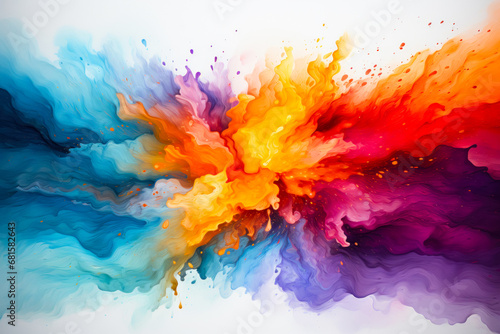 watercolor painting of paint splashes for the Holi festival on a white background, a rainbow holiday of happiness creating an atmosphere of fun and festive delight photo