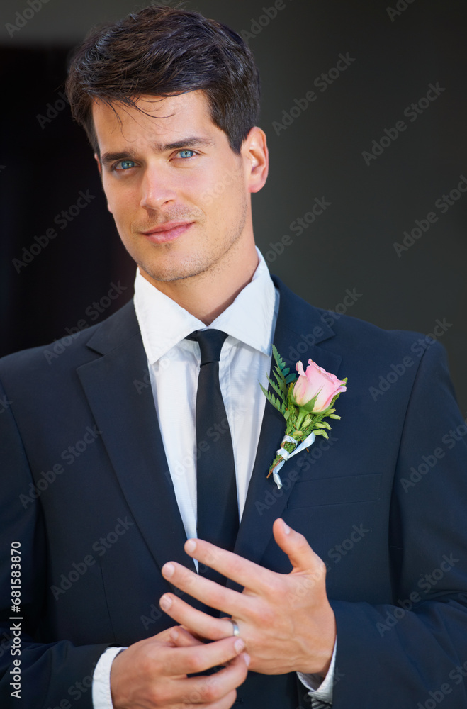 Groom man, portrait and wedding in suit, rose or flower for celebration, event or party with ring. Person, hands and face with choice, marriage and commitment to relationship with floral decoration Groom man, portrait and wedding in suit, rose or flower for celebration, event or party with ring. Person, hands and face with choice, marriage and commitment to relationship with floral decoration