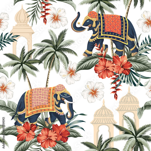 Indian elephant animal, red hibiscus flower, tropical leaf, palm tree seamless pattern. Jungle wallpaper. 