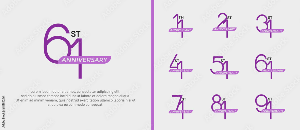 set of anniversary logo purple color and ribbon on white background for celebration moment set of anniversary logo purple color and ribbon on white background for celebration moment