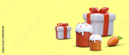 Realistic Easter cakes, gift boxes with bows, carrots. Horizontal banner on yellow background. Concept of spring Christian holiday. Gifts and traditional sweet pastries for Easter