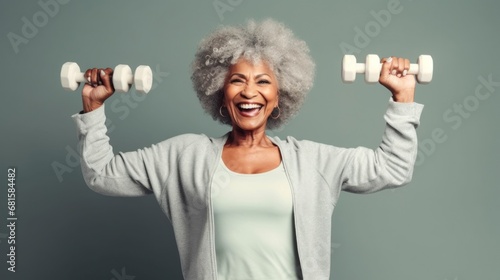 Afro senior exhibits happiness while holding dumbbells.