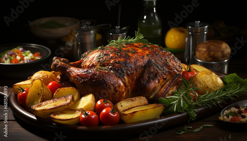 Freshness and gourmet on a wood table, roast chicken and grilled turkey meat generated by AI