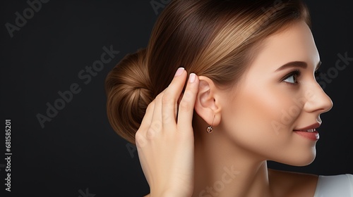 Jewelry concept. Portrait of beautiful young female model wearing silver earrings. Close-up of woman with clean skin posing, in studio background.